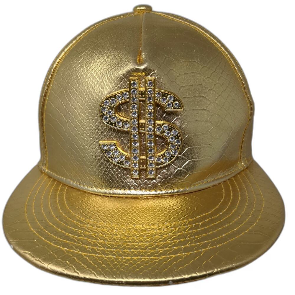 Yellow 5 Panel One Size Metallic Rhinestone Dollar Sign Snakeskin Flat Brim Hat